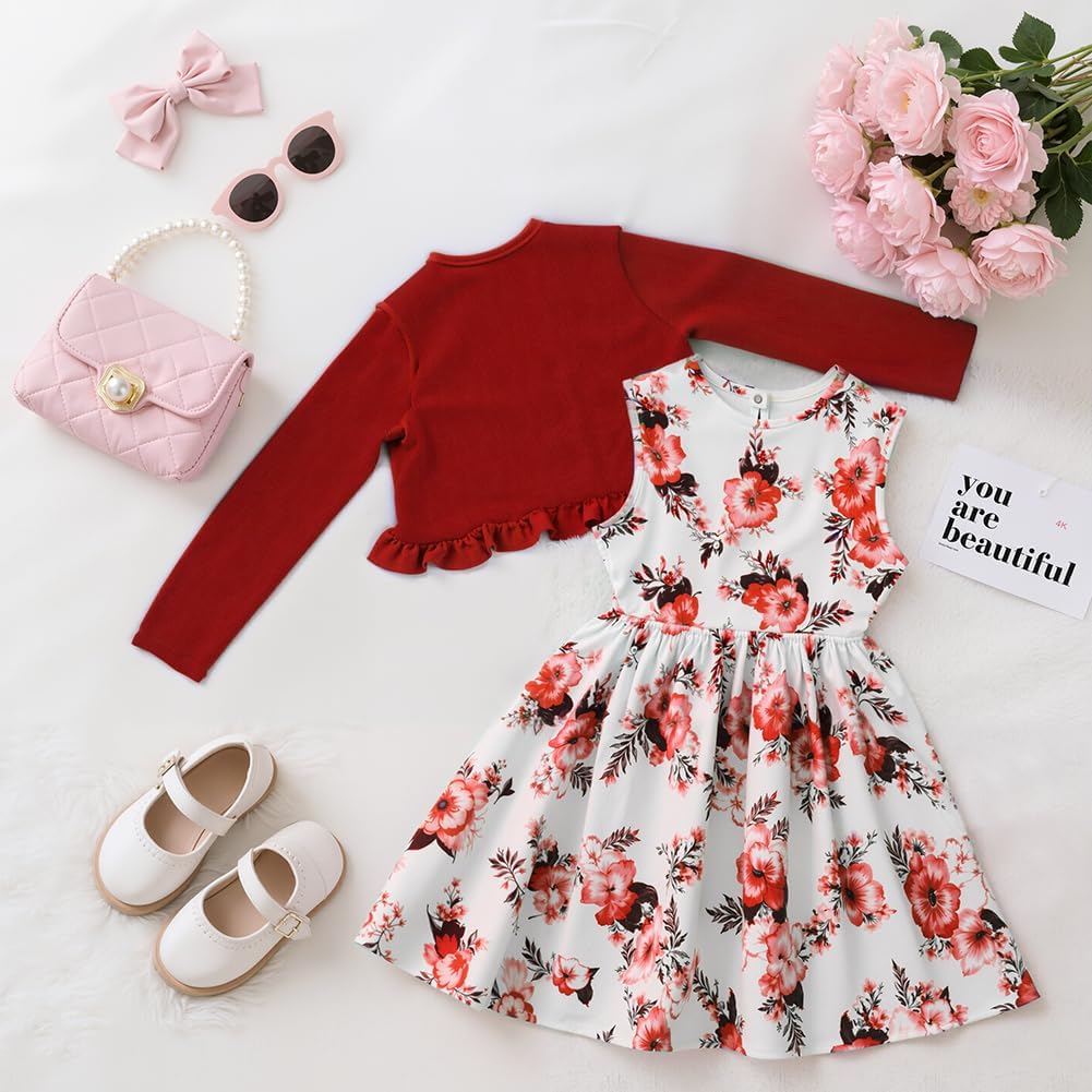 Detalle 2 de Vicloon Girls' Floral Sleeveless Dress and Long-Sleeve Ruffle Cardigan, 2-Piece Set