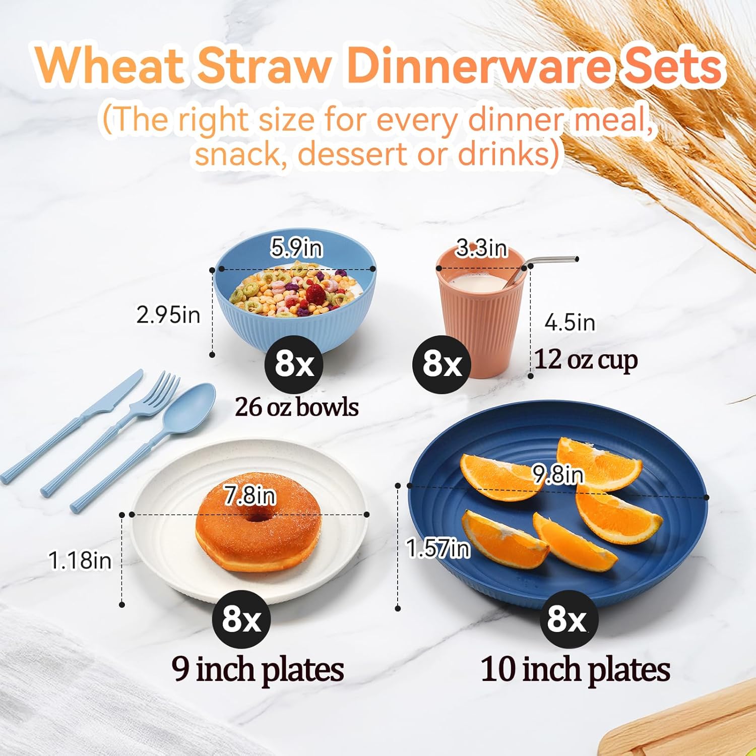 Detalle de Wheat Straw Dinnerware Sets, 64-Piece Seaside Color – Unbreakable, Reusable, Microwave-Safe