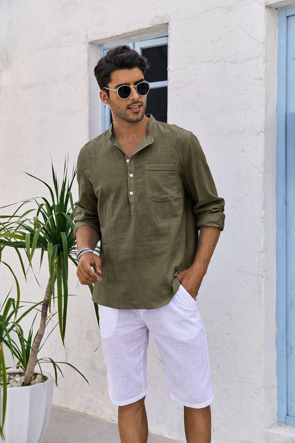 Thumbnail 2 de Runcati Herren Leinenhemd Langarm (70% Baumwolle, 30% Leinen) mit Henley-Kragen, Regular Fit
