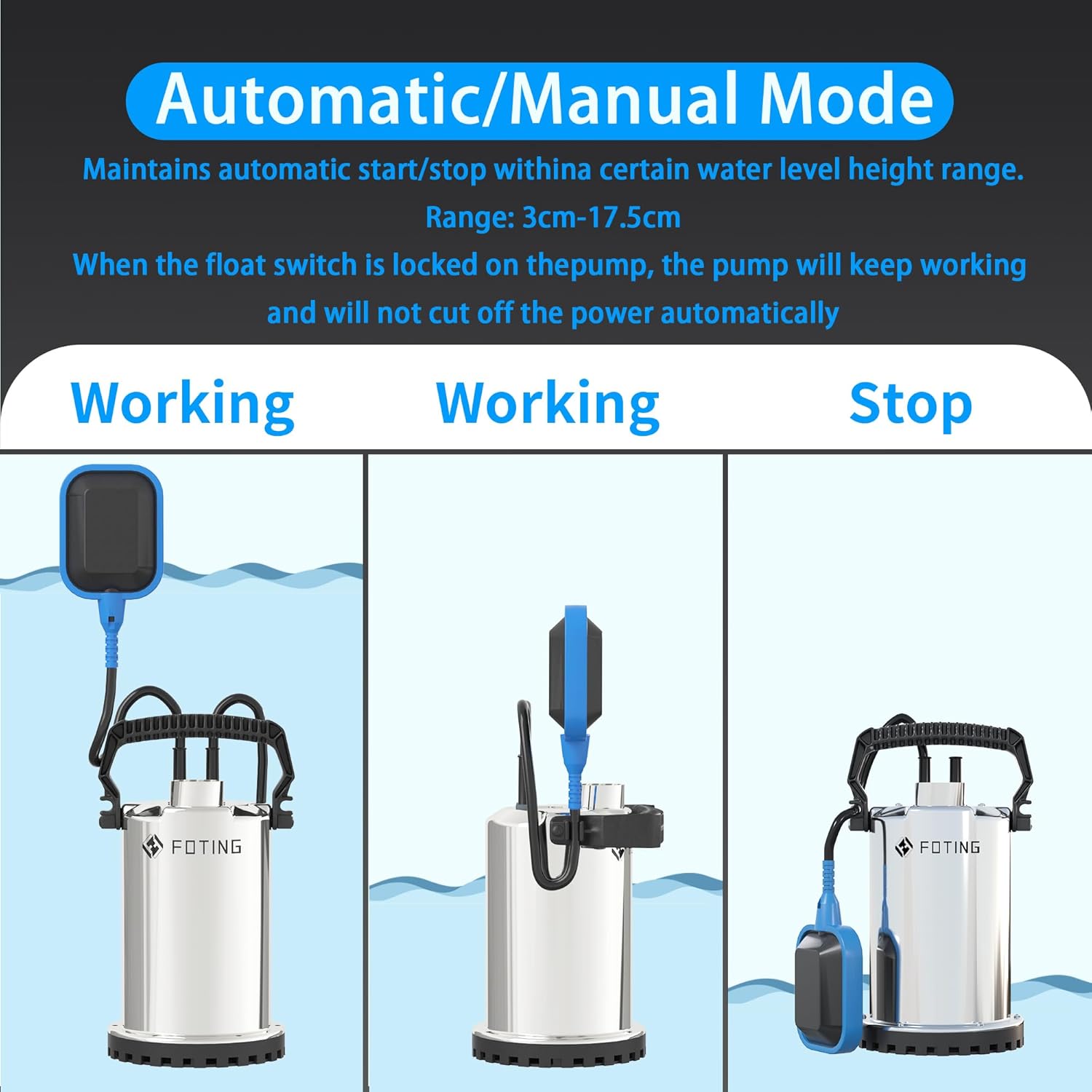 Thumbnail 3 de FOTING 400W Stainless Steel Submersible Water Pump — 8250 L/H, Auto Float, 7m Lift