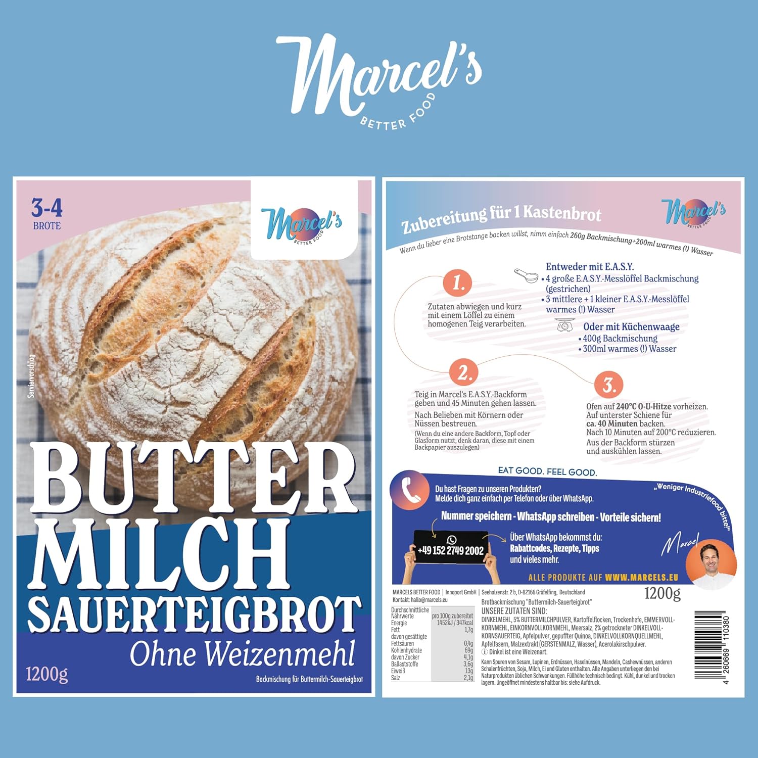 Thumbnail 6 de Marcel’s Buttermilchbrot Sauerteigbrot ohne Weizenmehl (1200 g, für 3–4 Brote) – Brotbackmischung mit Roggenmehl & Sauerteig