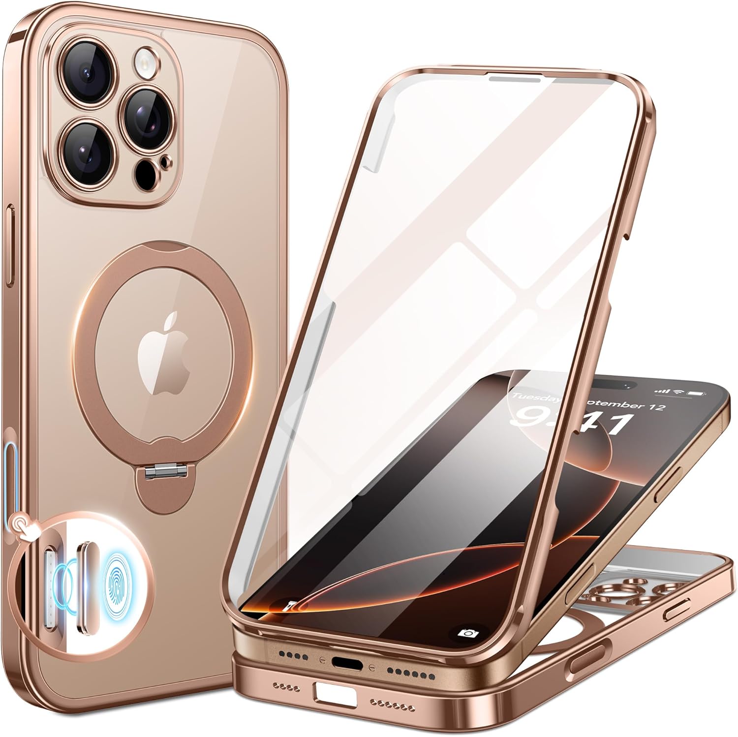 Detalle de BERFY iPhone 16 Pro Max Case with MagSafe, Built-in 9H Glass Screen Protector, and 360° Rotating Stand – Clear Rose Gold