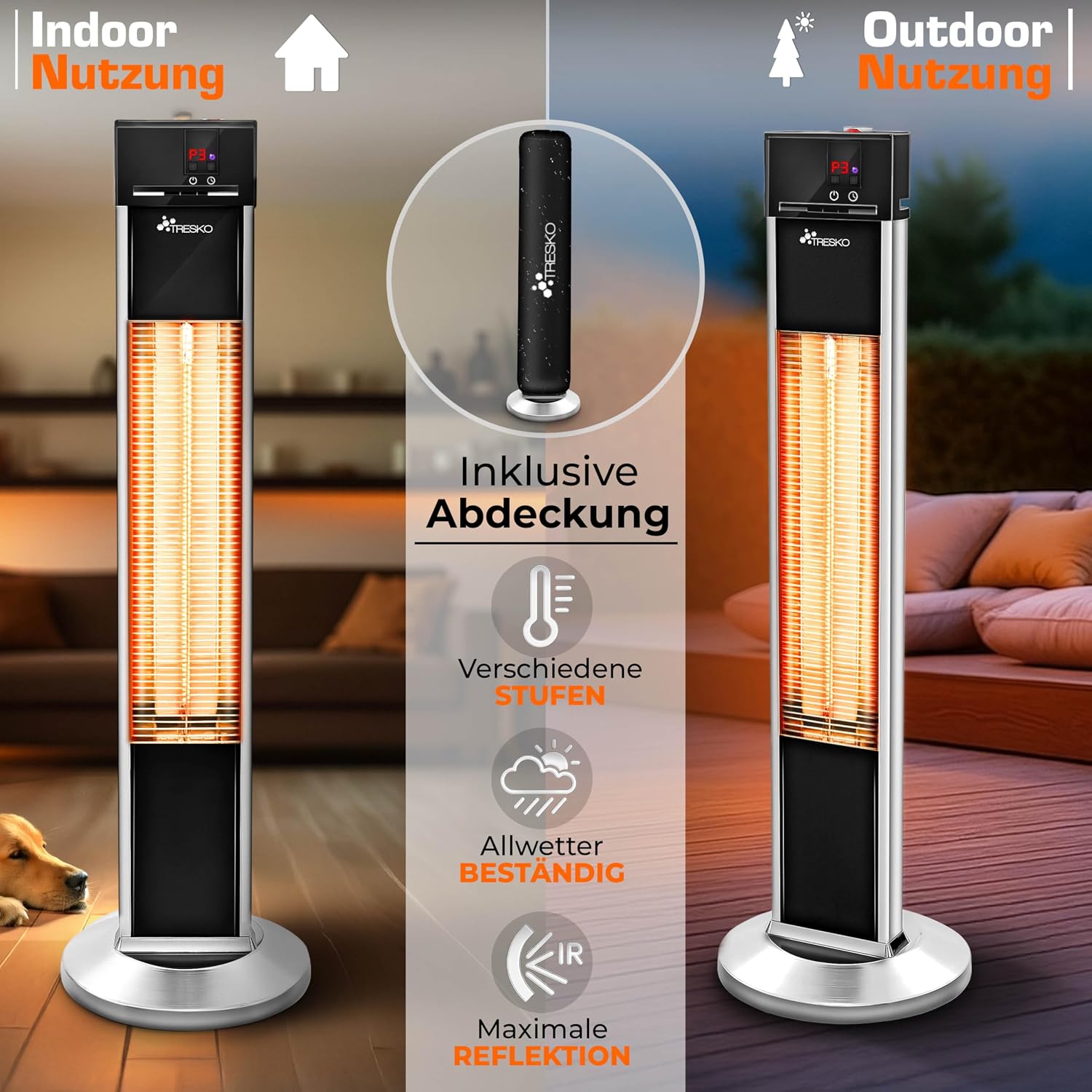 Detalle de TRESKO THSL-009 staande infrarood terrasverwarmer, 2.000 W, 3 standen