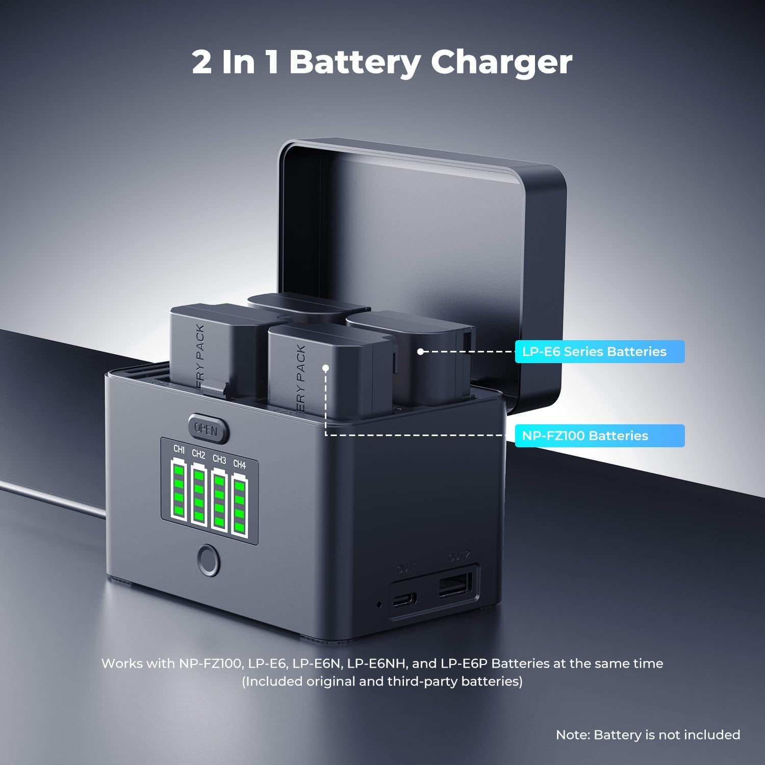 Detalle de K&F CONCEPT 4-Slot Battery Charger Case with Max 45W PD Fast Charging (NP-FZ100/LP-E6 compatible)