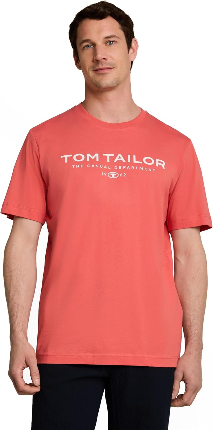 Detalle de Tom Tailor Herren T-Shirt aus Baumwolle mit Logo-Print – zuverlässiges Basics-T-Shirt
