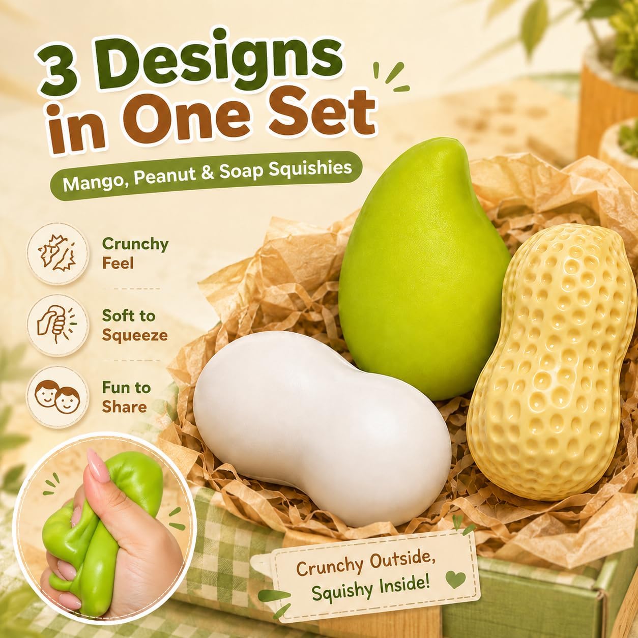 Detalle 2 de WAZNFYV 3-Pack Crunchy Squishy Toys, Mango, Peanut & Soap Shapes