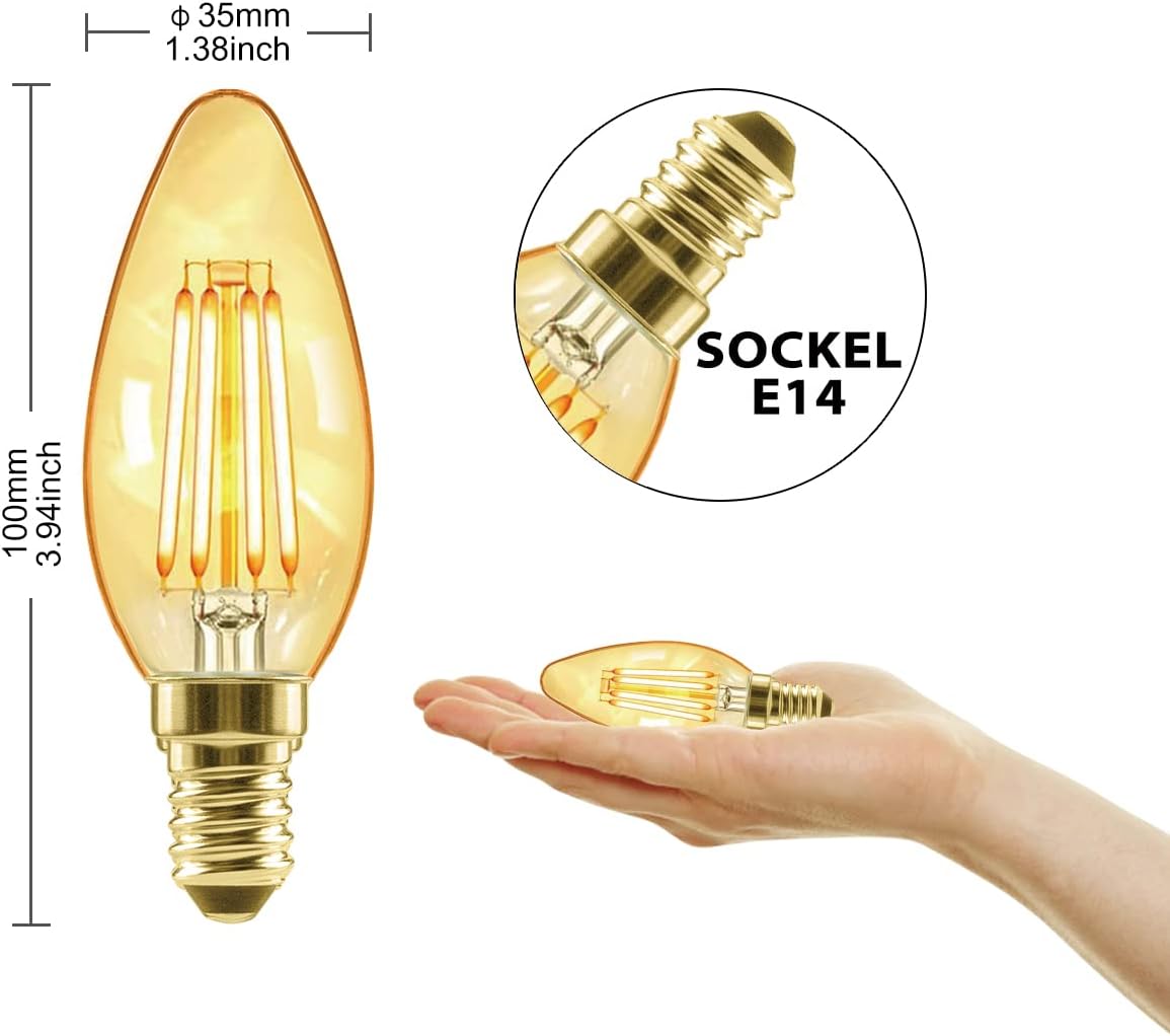 Detalle de LVWIT Vintage Glühbirne E14 Kerzenlampe 4 W (410 lm) – 2500 K, warmweiß, nicht dimmbar, 6er-Pack