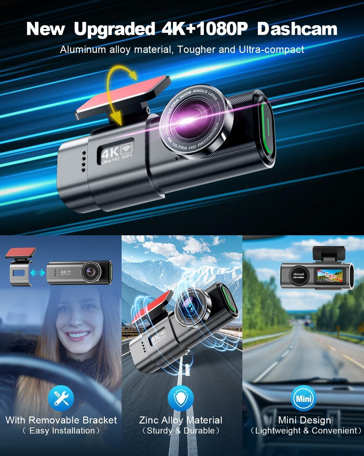 Thumbnail 4 de 4K Dash Cam Front and Rear with 64GB SD Card – Dual Channel, WiFi App Control, Night Vision & Parking Mode