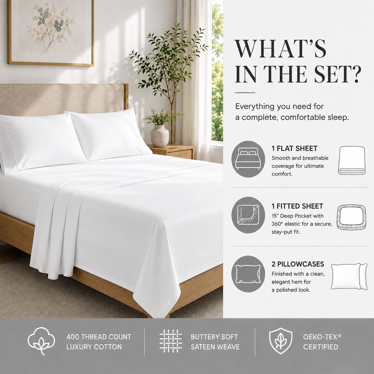 Detalle 2 de CHATEAU HOME COLLECTION Egyptian Cotton Queen Sheet Set (400-Thread-Count) Deep Pocket – Soft Cooling Sateen, White