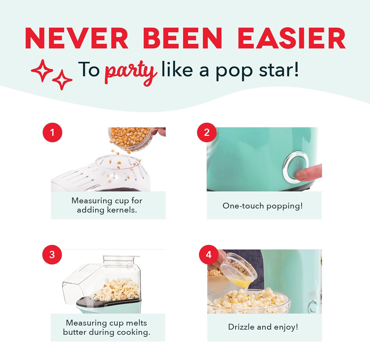 Detalle de Dash Hot Air Popcorn Popper Maker (16 Cups) with Measuring Cup to Portion Kernels + Melt Butter, Lavender