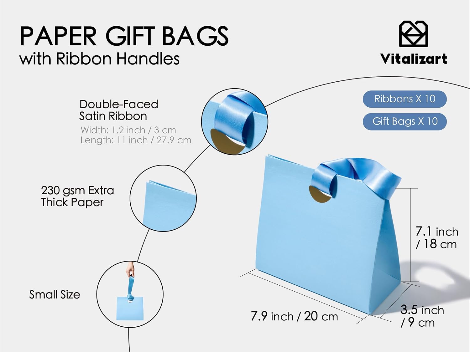Thumbnail 2 de Vitalizart Paper Gift Bags With Ribbon Handles – Set of 10 Assorted Colors (7.87" x 3.54" x 7.09")