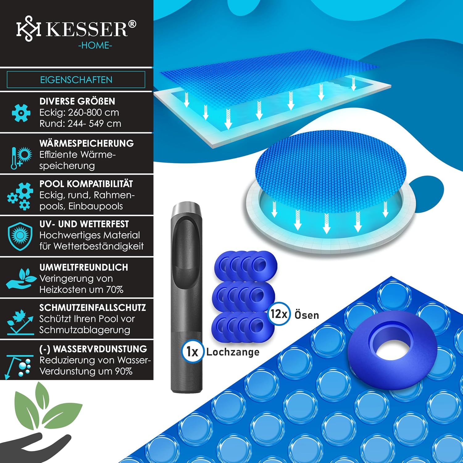 Detalle de KESSER® Pool Solarabdeckplane rechteckig 260 x 160 cm (Solarfolie 120 µm), zuschneidbar inkl. Schere, Lochzange & Ösen