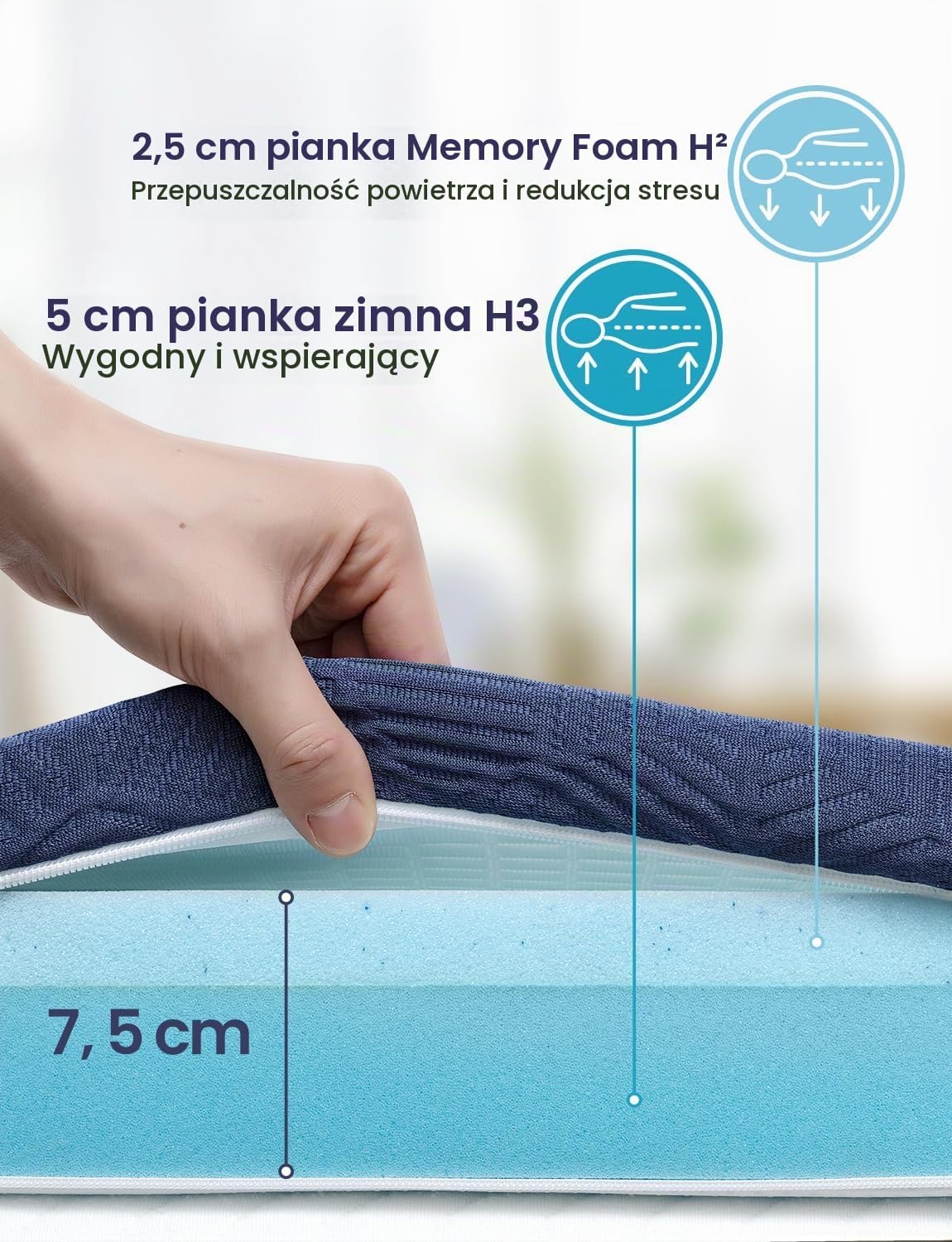 Thumbnail 2 de BedStory YML-F2203589-2 – nakładka na materac 120 × 200 cm, 7,5 cm, pianka memory H2/H3