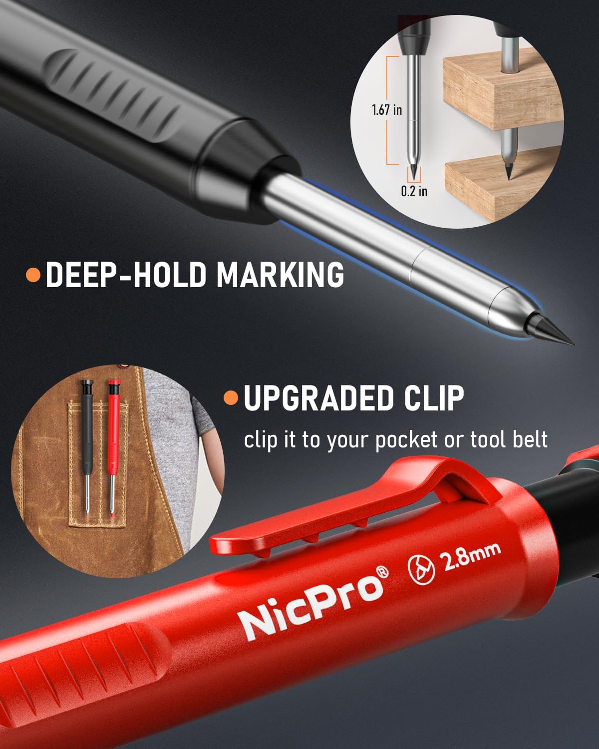 Detalle 2 de Nicpro Deep Hole Marker Pencil Set – 5 solid carpenter pencils with 2.8 mm leads, sharpener & storage box