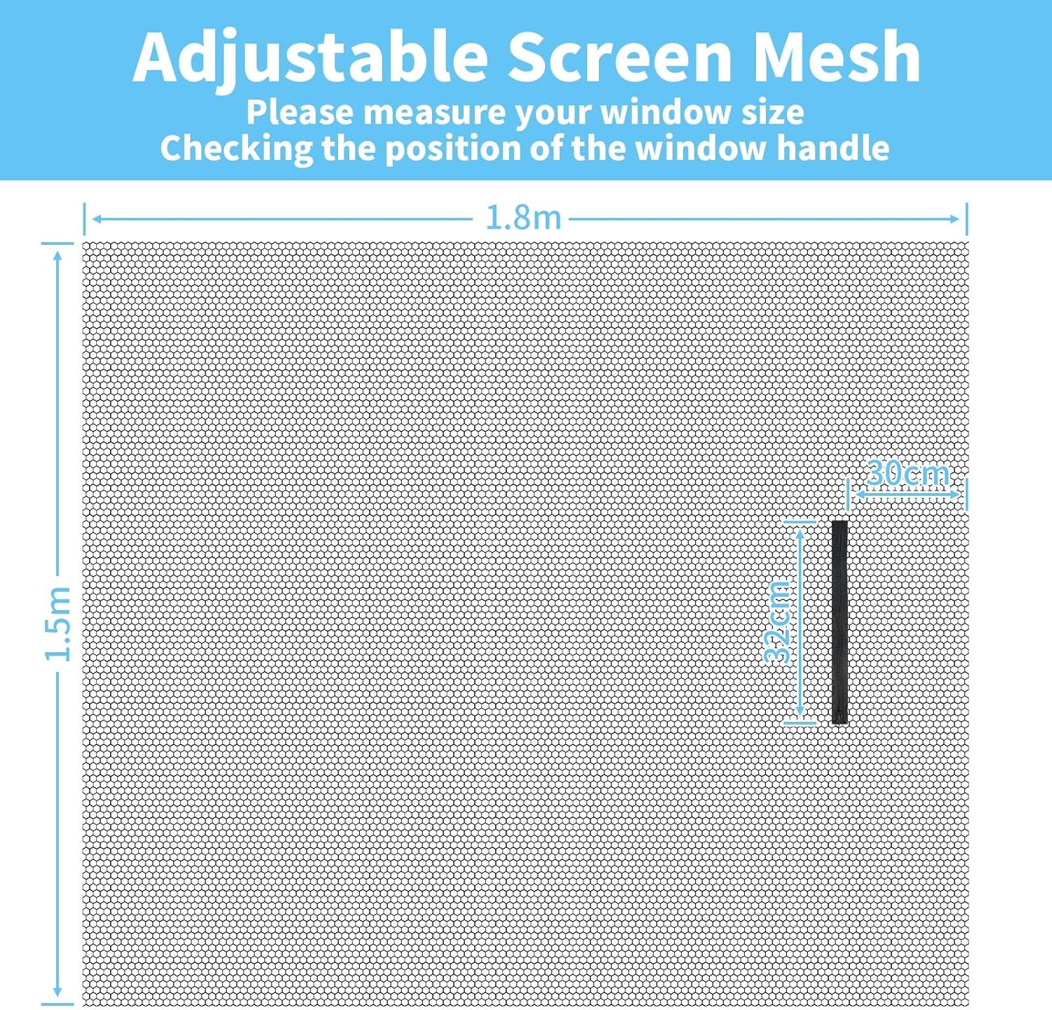 Detalle de REDTRON DIY Window Screen with Zipper Opening (150cm x 180cm) – Black self-adhesive mesh