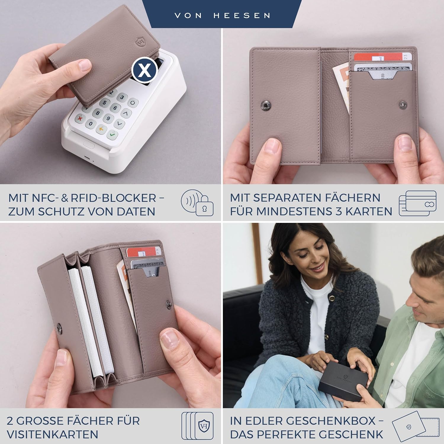 Detalle de VON HEESEN Visitenkartenetui Leder mit RFID-Schutz (Taupe) – Platz für 50 Visitenkarten, 6 Fächer