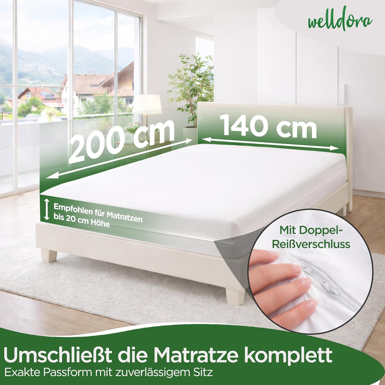 Detalle de Welldora Premium Milbenbezug Matratzen 140x200x20 – Anti-Milben & Bettwanzen Encasing mit Reißverschluss