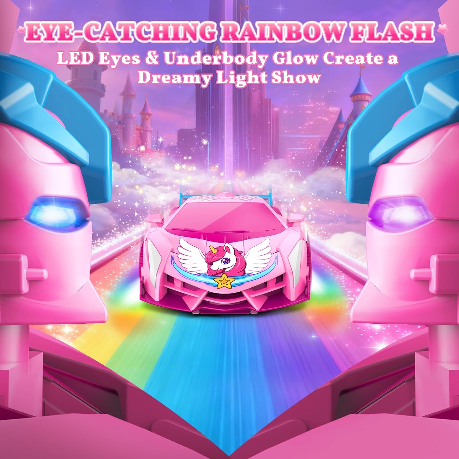 Detalle de Unicorn Transform RC Cars for Girls Toys with Rainbow Eyes & Underbody Lights