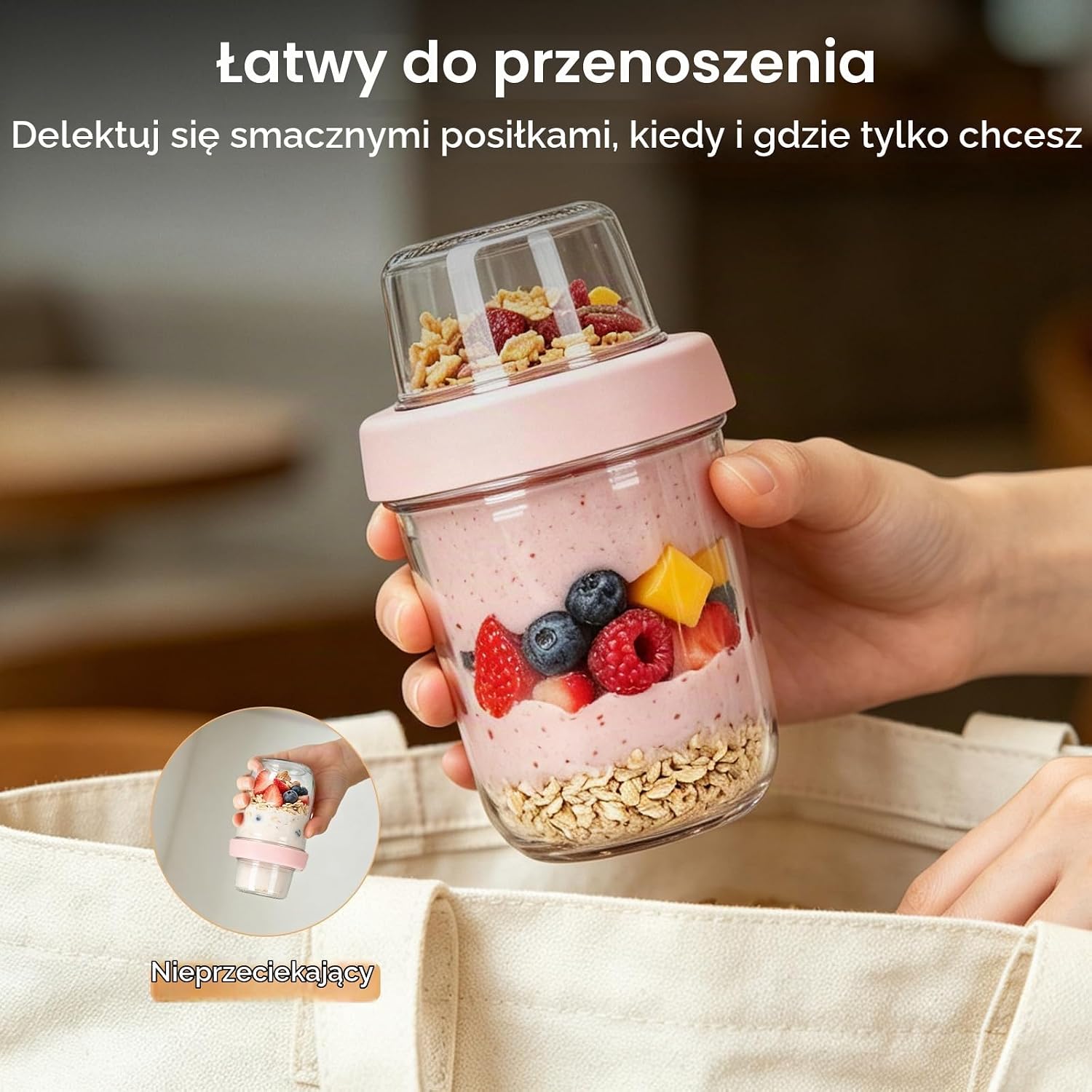Detalle de OSDUE 600 ml – szklany pojemnik na jogurt i płatki, 4 sztuki z łyżką