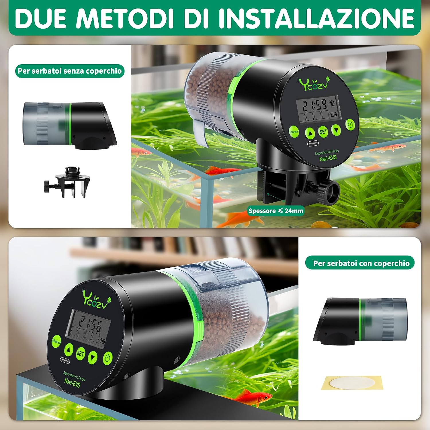 Detalle 2 de Ycozy Mangiatoia Automatica per Acquario Navi-EVS – Alimentatore Mangiatoia USB Ricaricabile per Pesci, 600 L