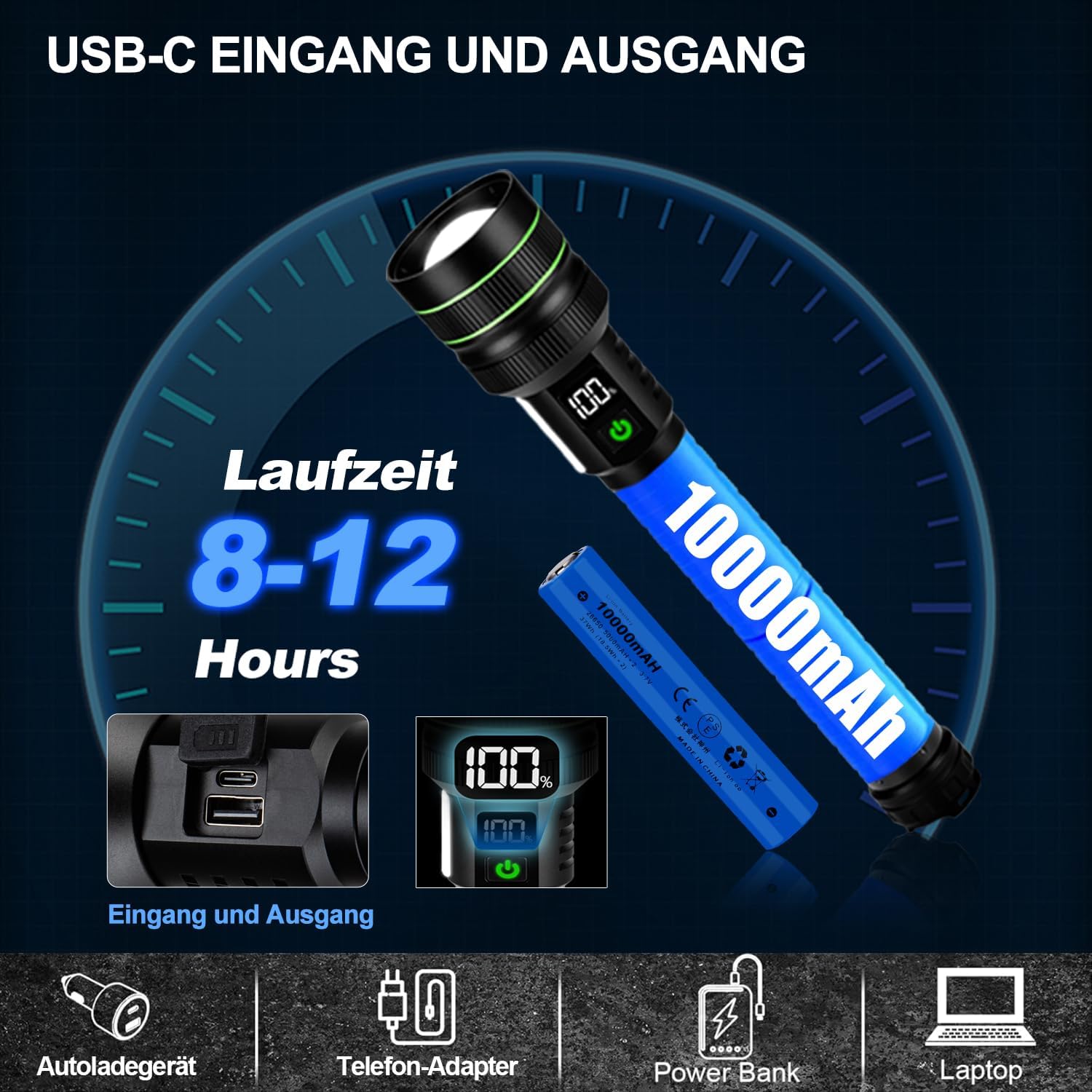 Thumbnail 3 de KZK wiederaufladbare Taschenlampe D6 (990.000 Lumen), USB-aufladbar, zoombar, IP67 – für Outdoor & Notfälle