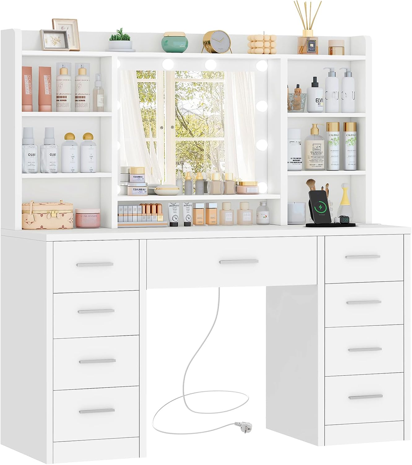 Detalle de TEENFON 9 lad kaptafel met ledspiegel, 9 lades en 7 planken, wit
