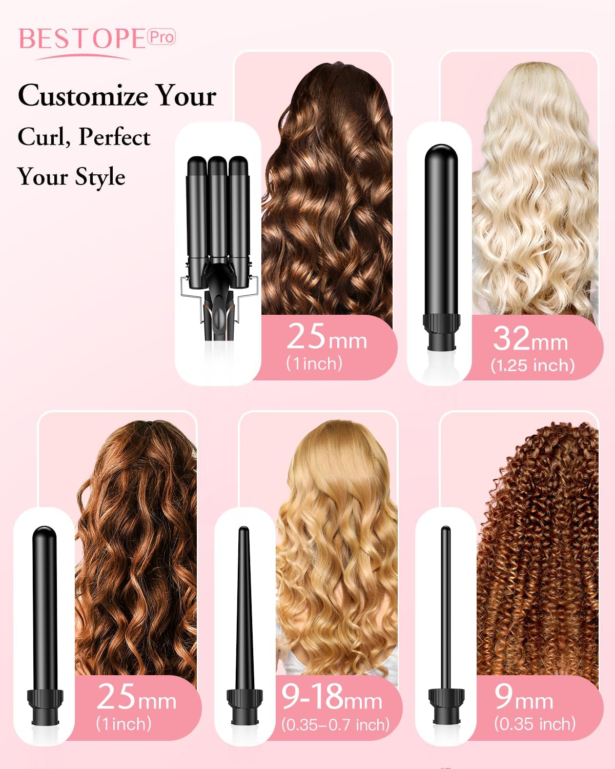 Detalle 2 de BESTOPE PRO 5 in 1 Curling Iron Set: 5 Interchangeable Ceramic Barrels for All Hair Types