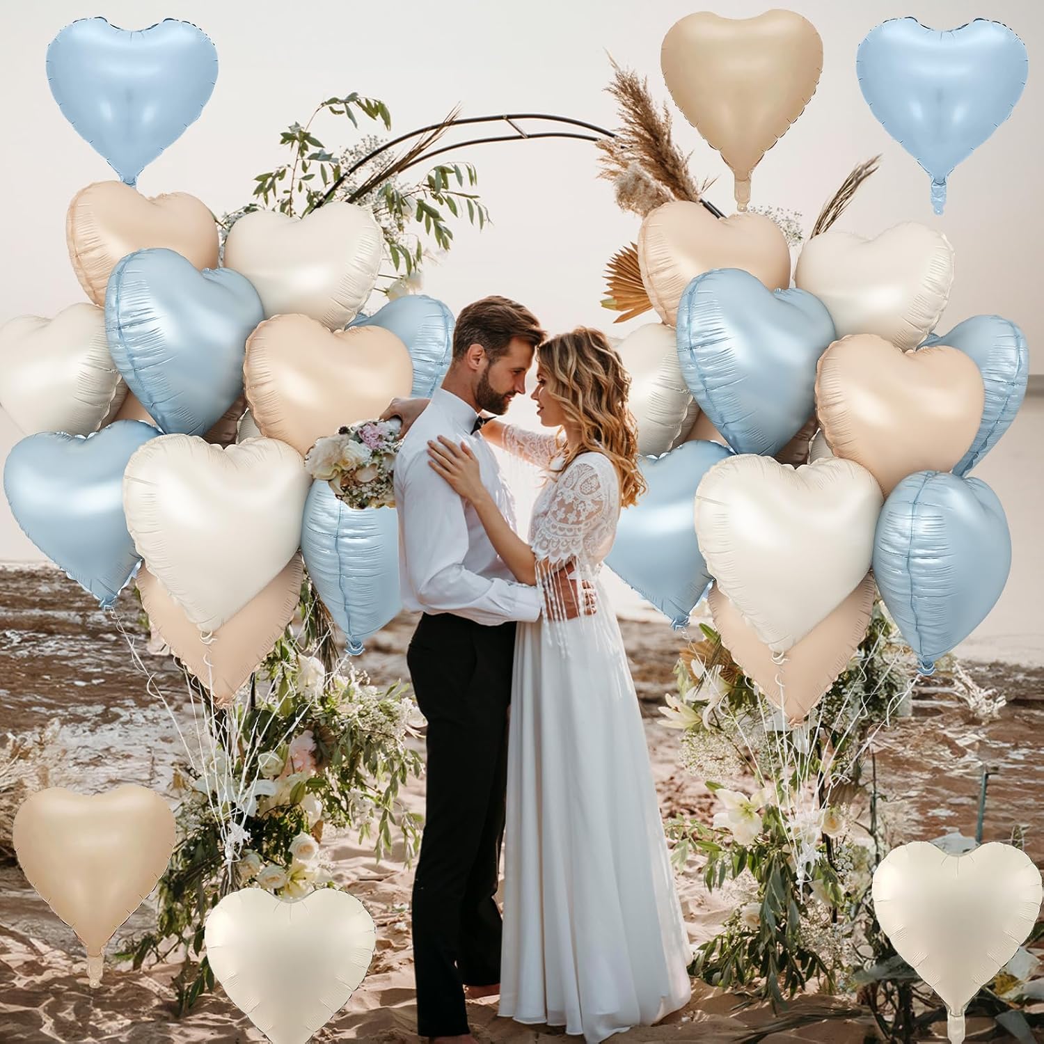 Thumbnail 3 de Blue Cream Heart Foil Balloons, 12Pcs 18-Inch Heart Shaped Mylar Balloons for Boho Birthdays, Baby Shower, Wedding