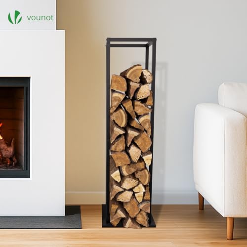 Detalle de vounot Range Bûches Vertical 33 x 33 x 112 cm – Porte-bûches en métal avec étagère et MDF, noir