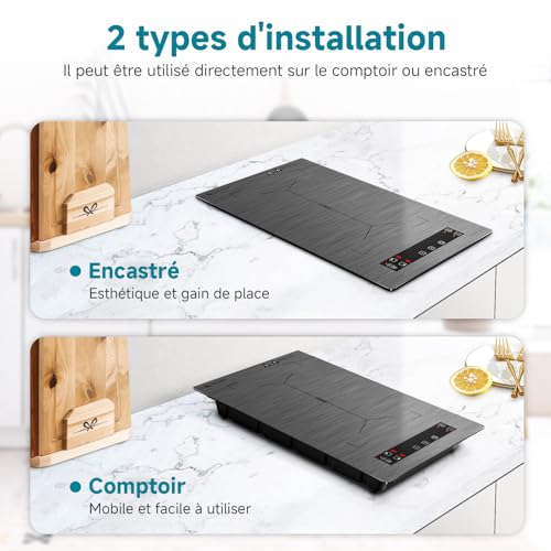 Detalle de AMZCHEF Plaque à induction 2 feux avec zones flexibles – 3300W, BBQ, sécurité et minuterie