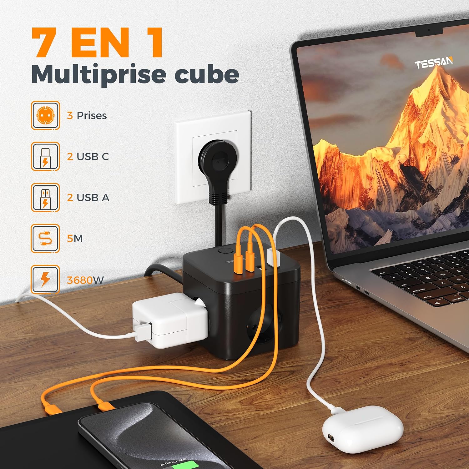 Detalle 2 de TESSAN Multiprise cube 7 en 1 avec PD 20W