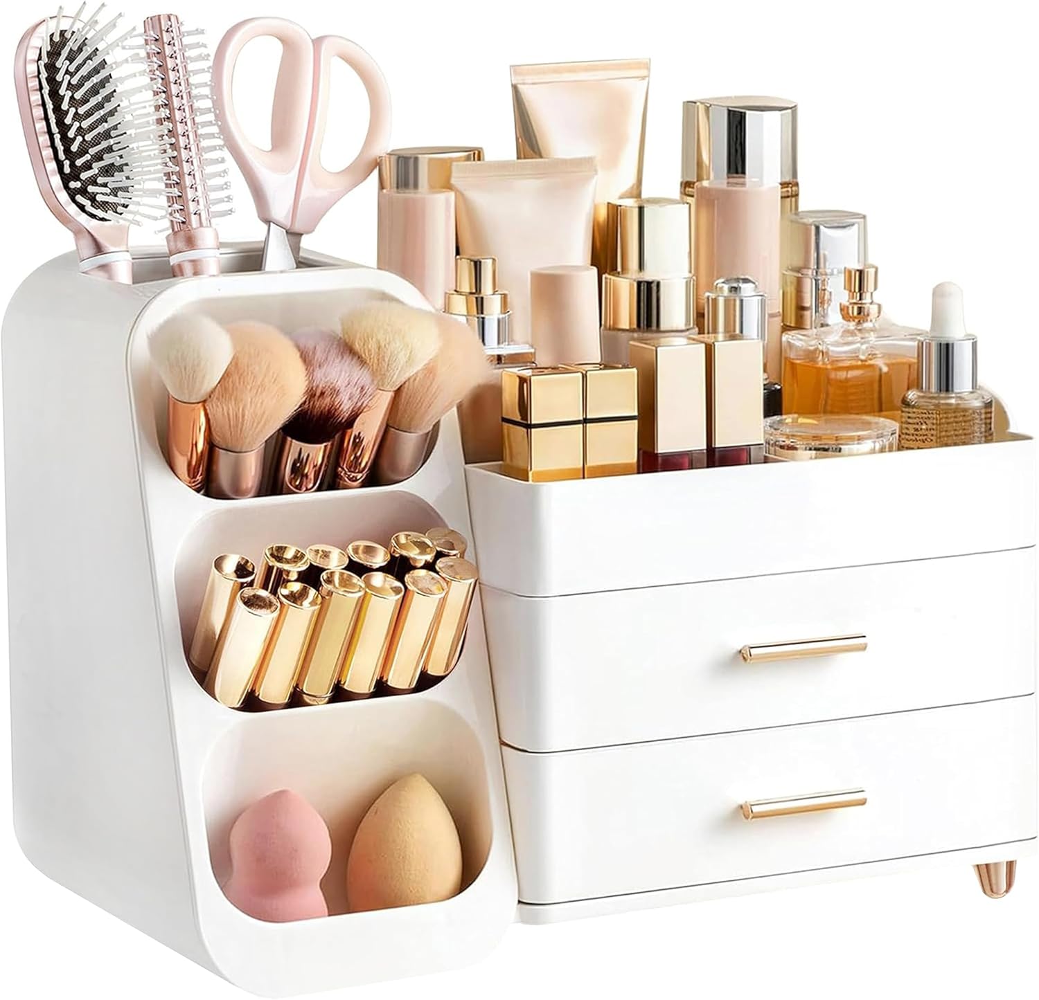 Detalle de HBlife Kosmetik Organizer mit Schubladen – 3-in-1 Make-up Aufbewahrung, Große Kapazität, Weiß