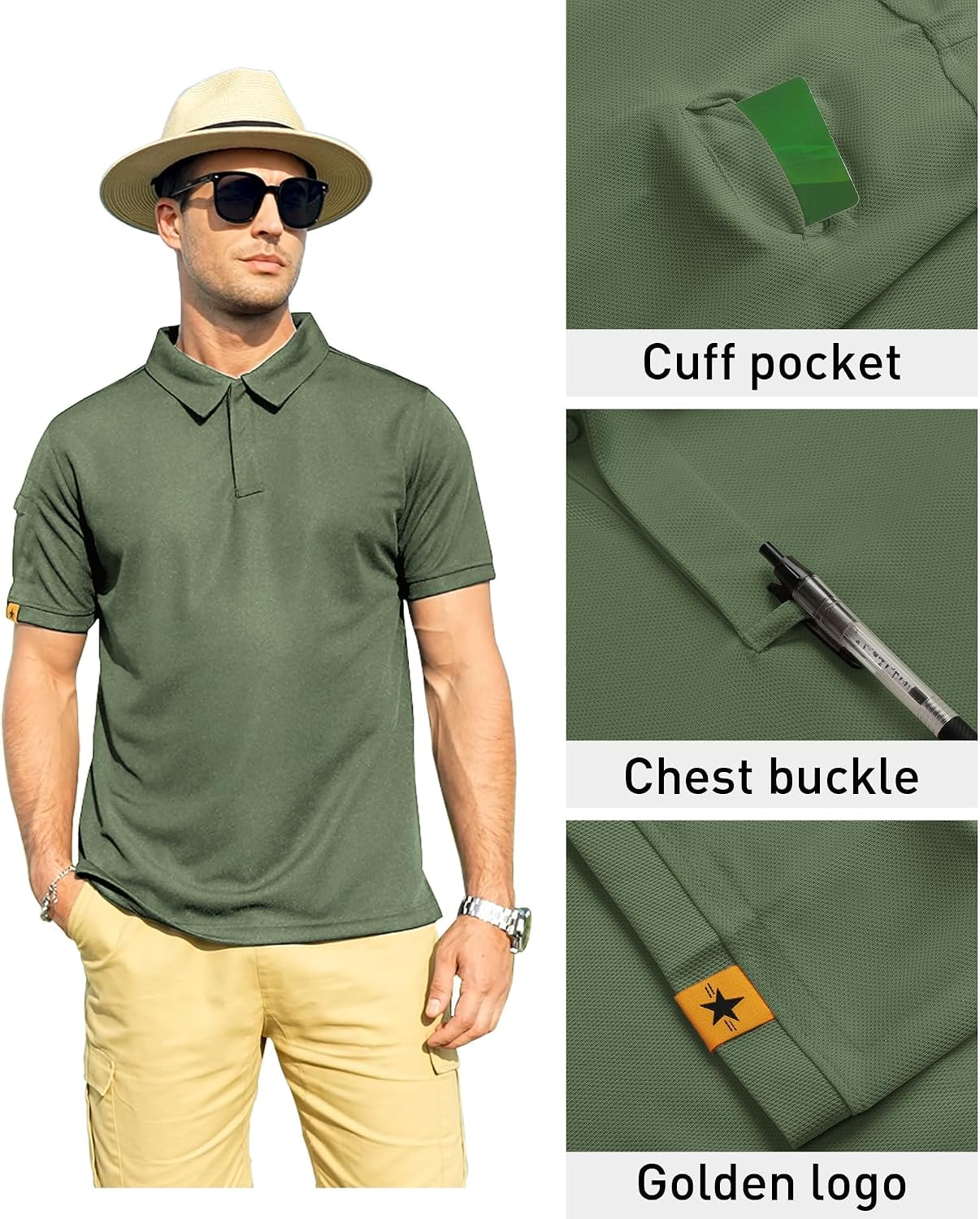 Detalle 2 de ZITY Men's Polo Shirt Short Sleeve – Athletic Golf Polo with Tactical Features