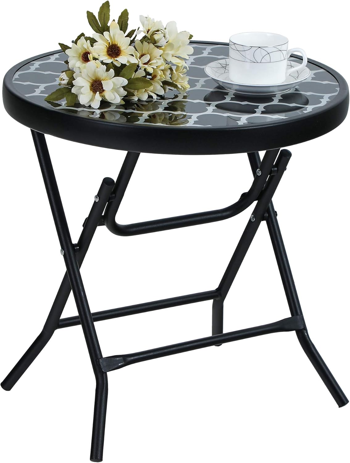 PHI VILLA Folding Side Table (Black Grid) – Tempered Glass Outdoor & Indoor Folding Table