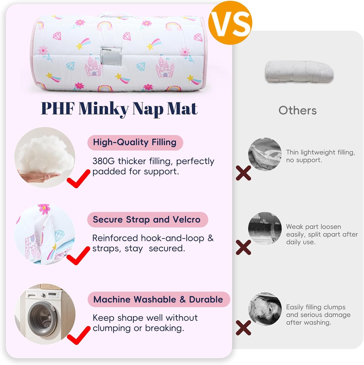 Detalle de PHF Toddler Nap Mat with Removable Pillow, Roll-Up Design, Castle, 50" x 20