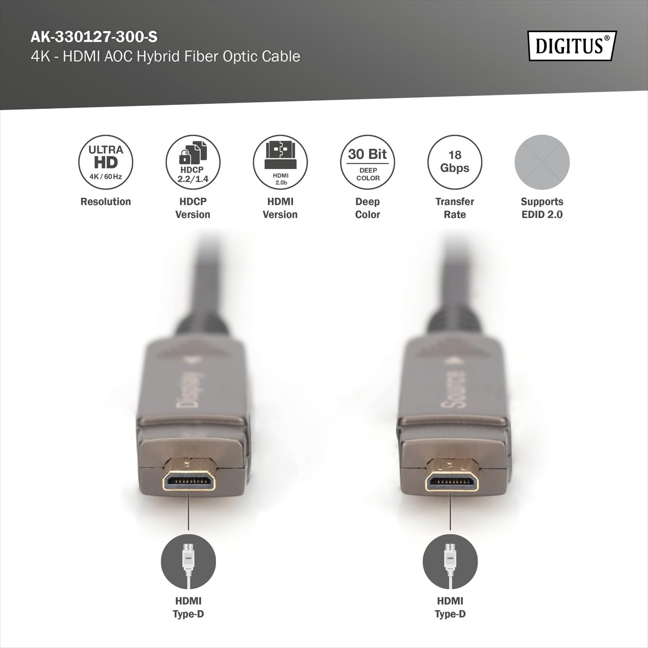 Detalle de DIGITUS HDMI AOC – kabel światłowodowy HDMI 2.0b, 4K/60 Hz, 30 m