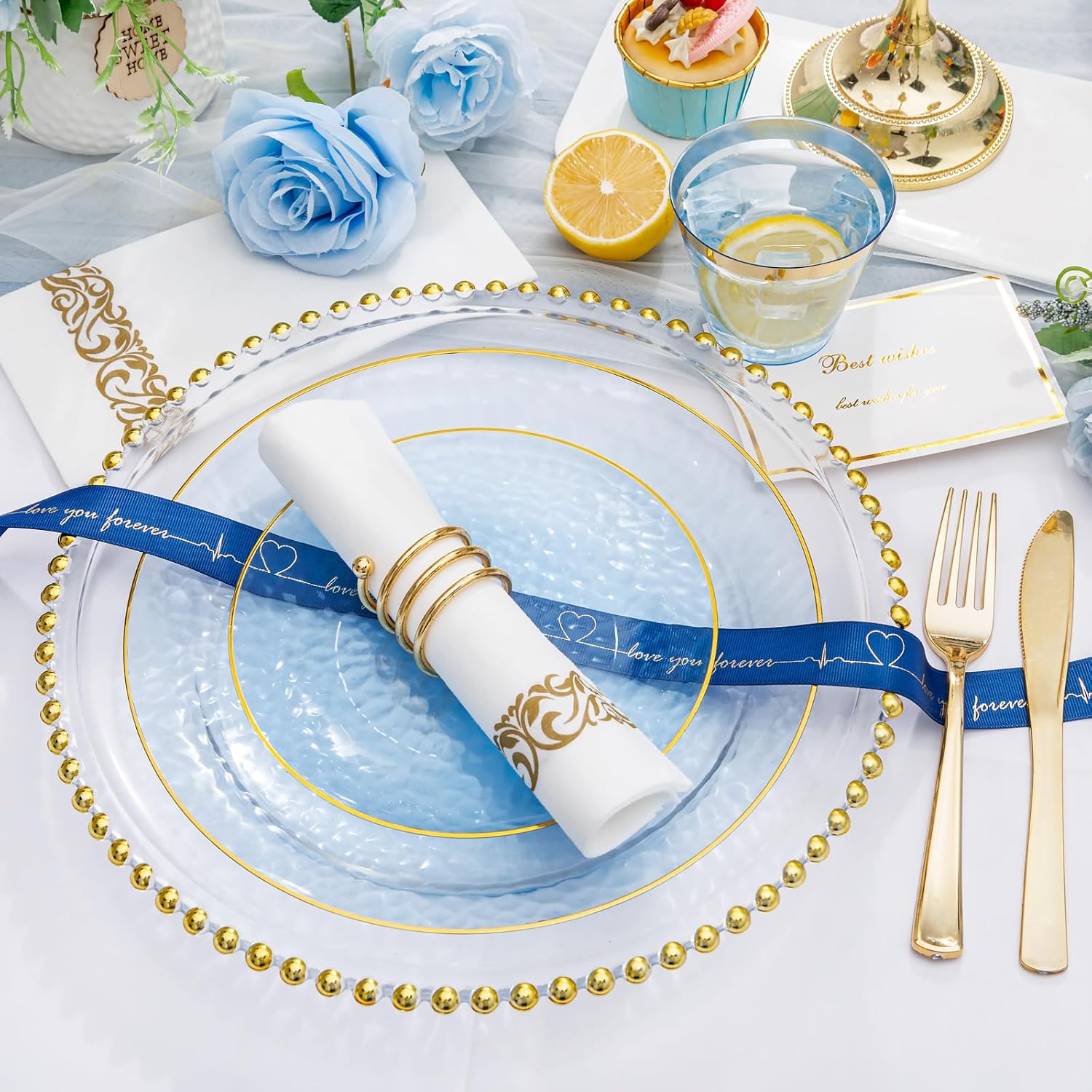 Thumbnail 4 de DaYammi 350PCS Clear Blue Gold Plastic Dinnerware Set for 50 Guests