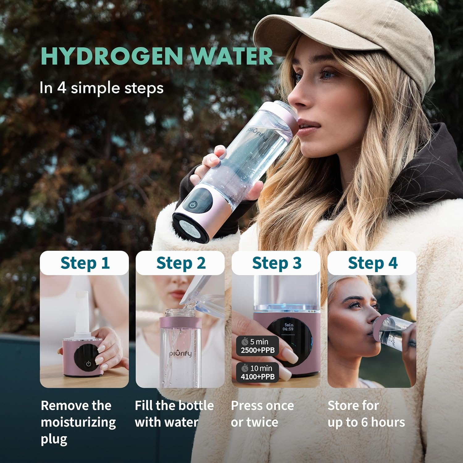 Thumbnail 6 de PIURIFY Hydrogen Water Bottle Generator (Up to 4100+ PPB) — SPE/PEM Certified H2, Rechargeable, 10 oz (Pink)
