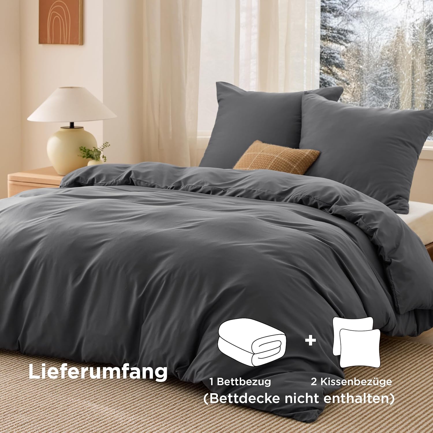 Detalle de BEDSURE Bettwäsche 220x240 3-teilig Anthrazit – ÖKO-TEX, Mikrofaser, Reißverschluss