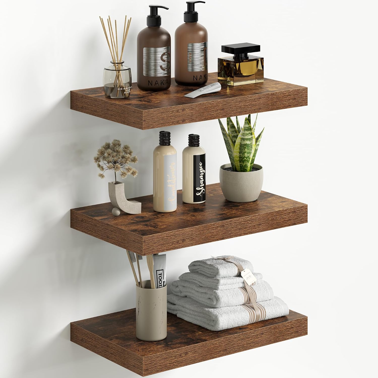 Detalle de Fun Memories FS-MDF62 16-Inch Floating Shelves, 8-Inch Deep, Brown, 3-Pack