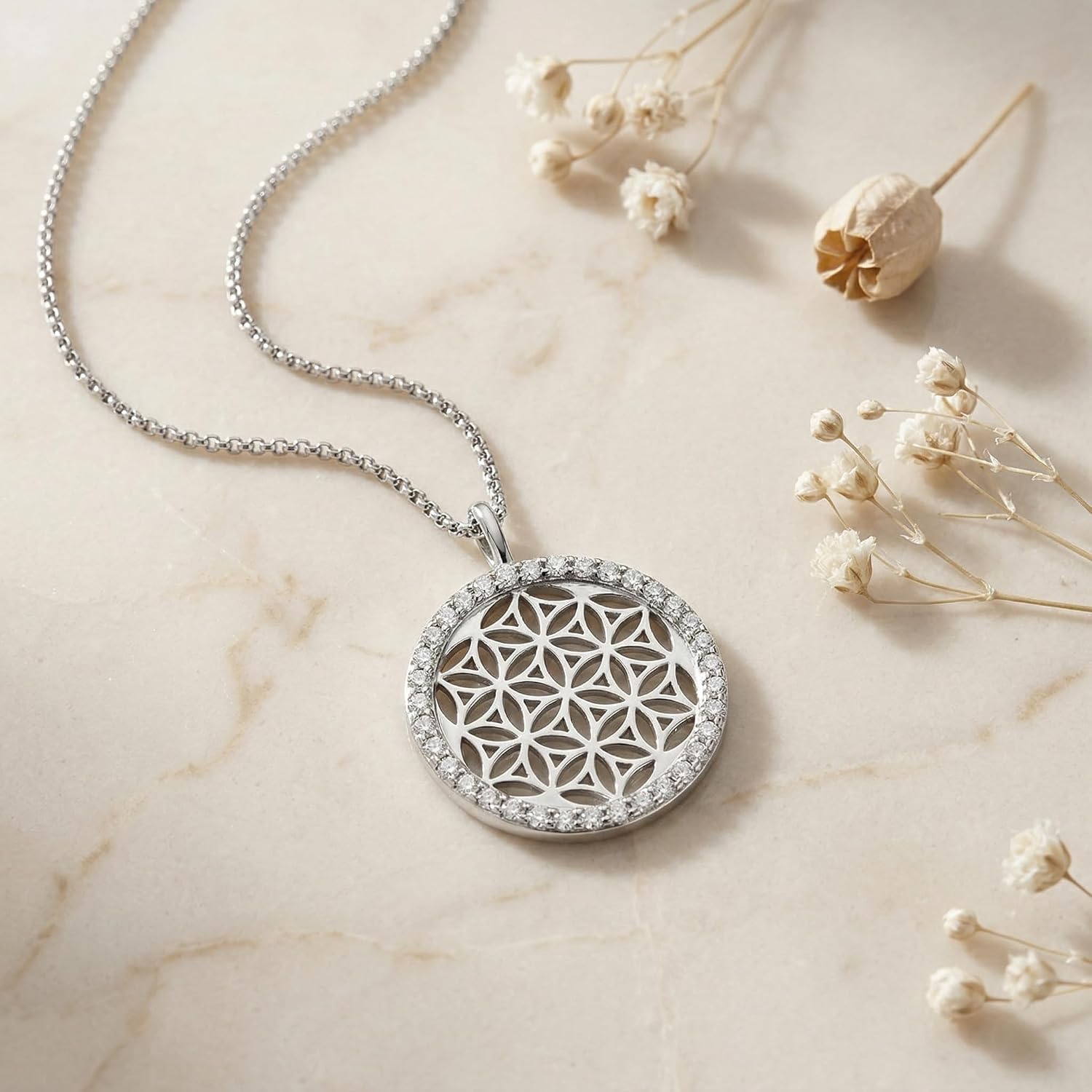 Detalle de Engelsrufer Damen Halskette aus Sterling Silber mit Lebensblume Anhänger – Zirkonia, verstellbar, nickelfrei