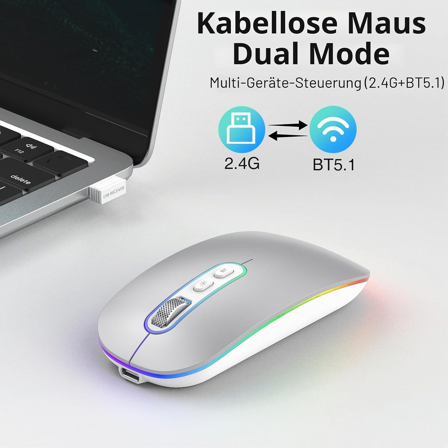Detalle de cimetech Dual-Mode Bluetooth 5.1 & 2,4 GHz optische Office-Funkmaus (wiederaufladbar) mit USB‑C Adapter