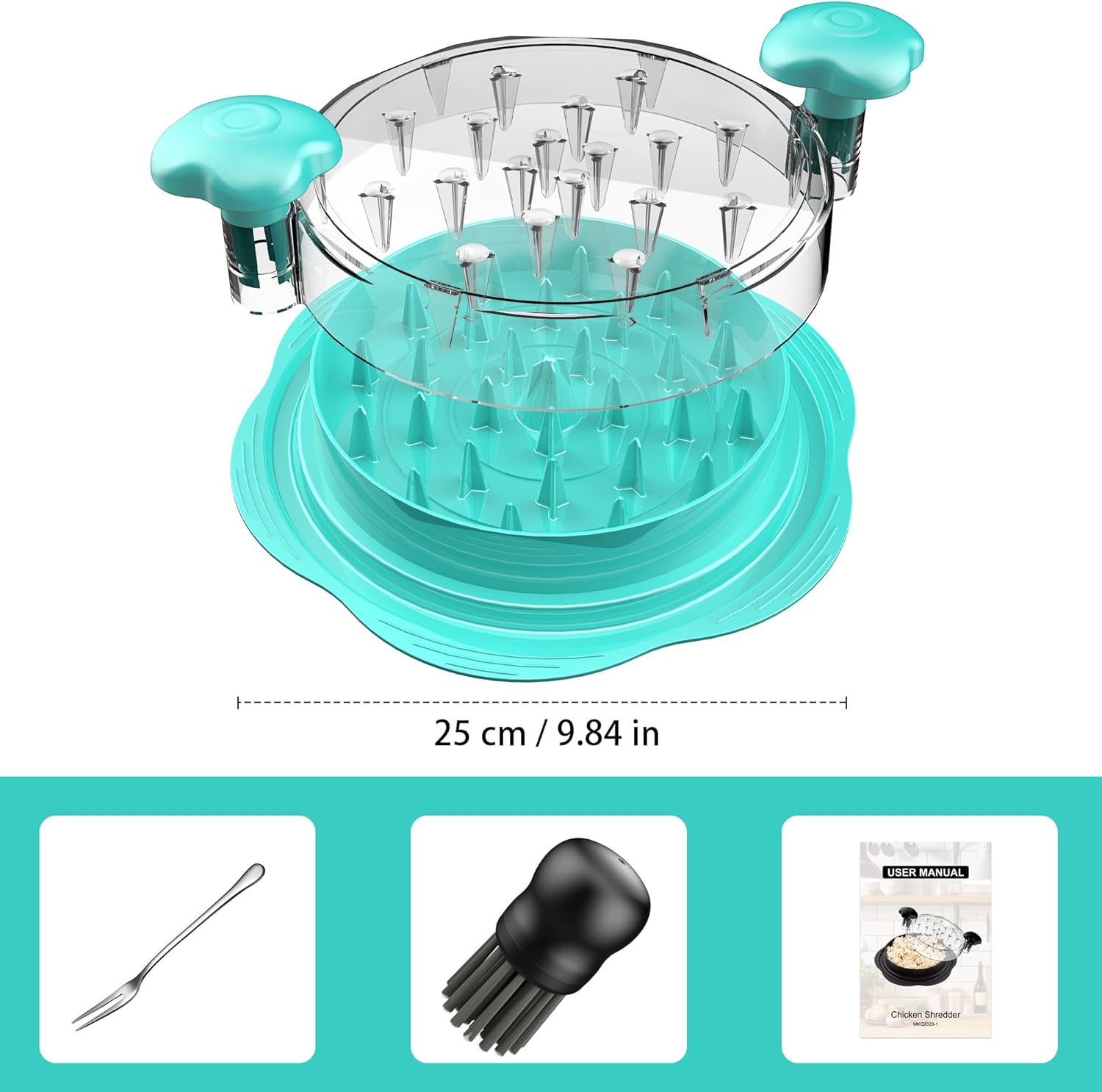 Thumbnail 6 de SURETIVIAN Large Chicken Shredder with Twist, Brush & Fork – Visible Shredding Lid, BPA Free, Mint Green