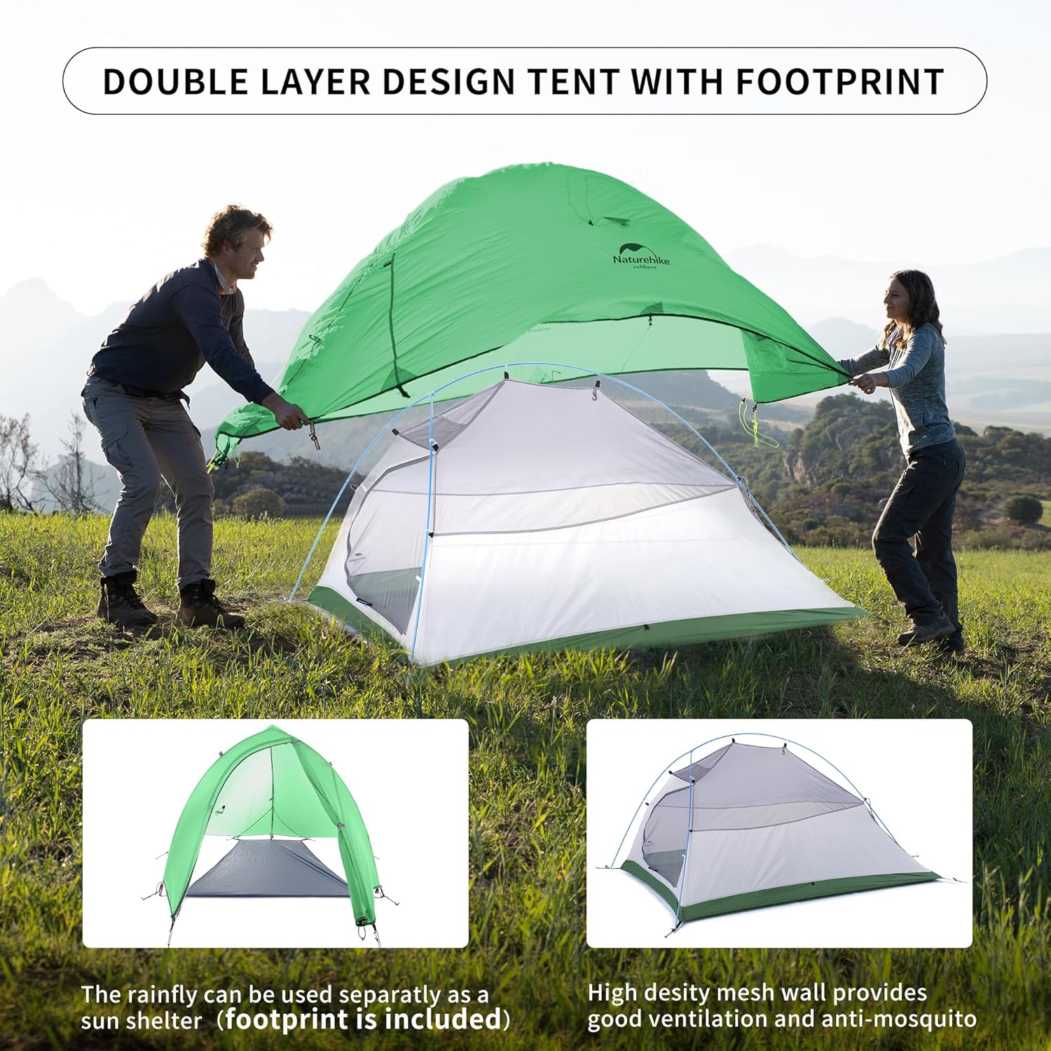 Thumbnail 2 de Naturehike Cloud-Up 2: Tente de camping légère pour 2 personnes (3–4 saisons) - Upg Vert 210T