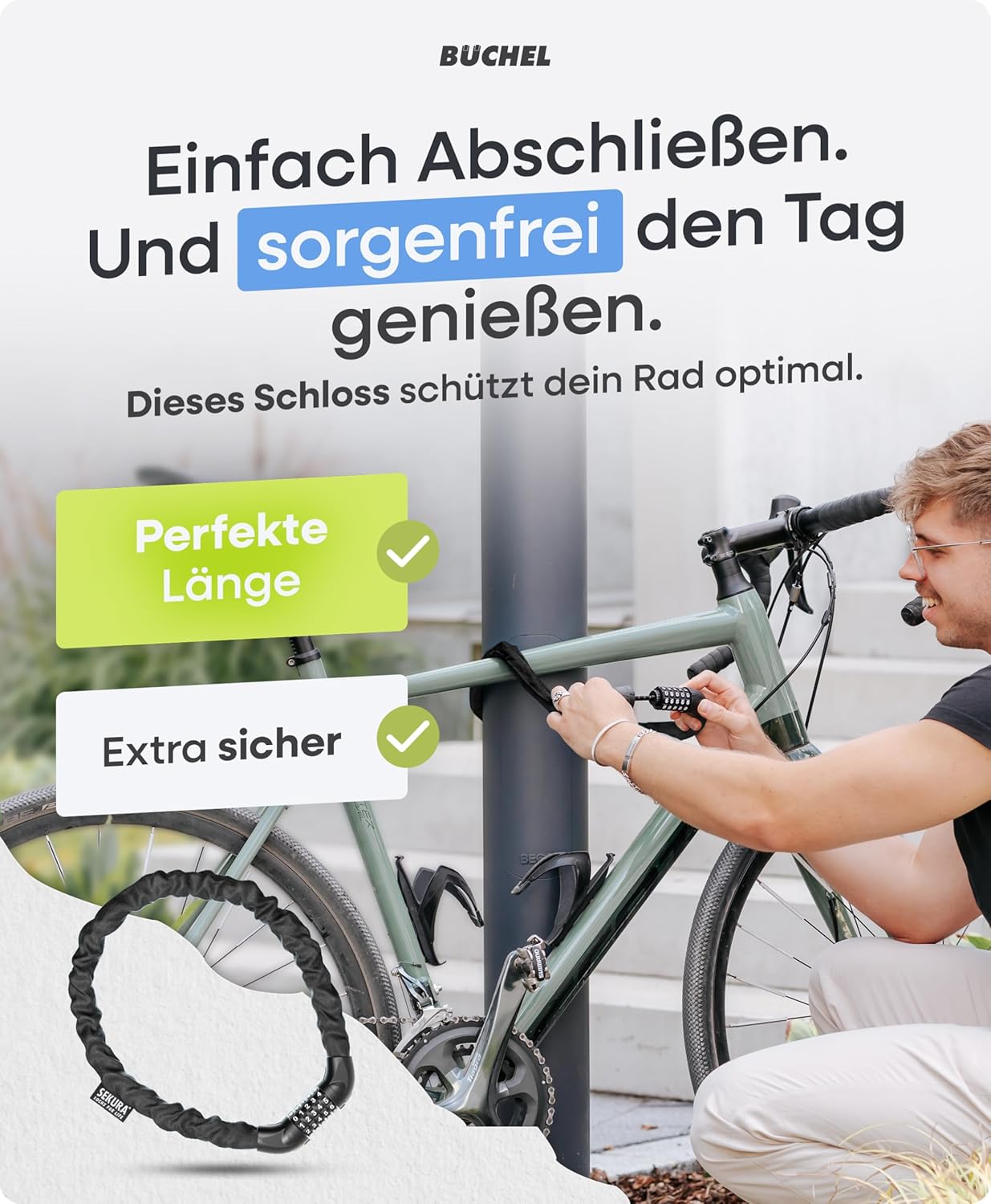 Detalle 2 de Büchel Sekura Fahrradschloss 90 cm mit 5-Zahlen-Code – Kettenschloss für Kinder & Erwachsene