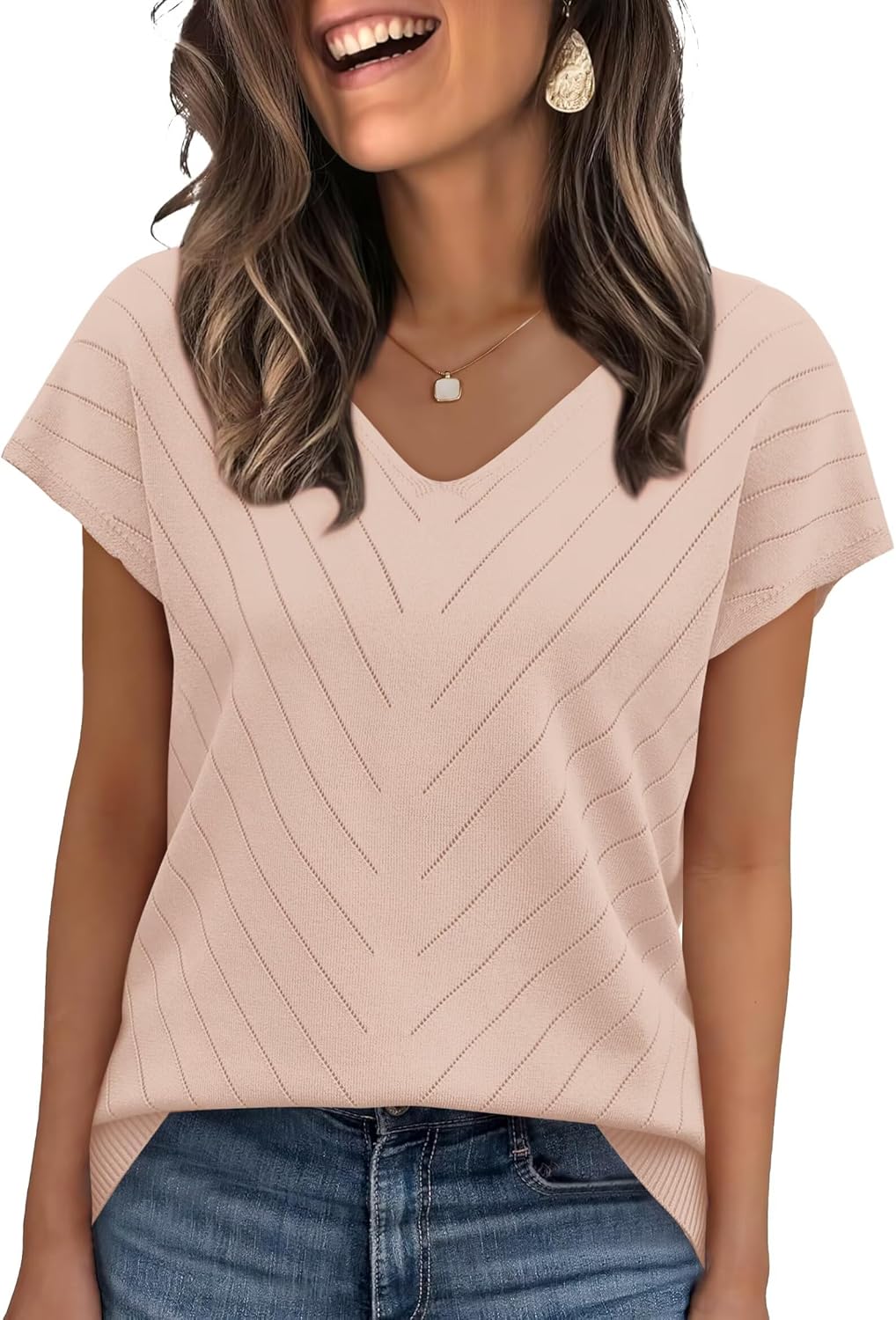 Thumbnail 5 de WIHOLL Damen Pullover Kurzarm Sommer V-Ausschnitt – Leichtes Basic Strickoberteil
