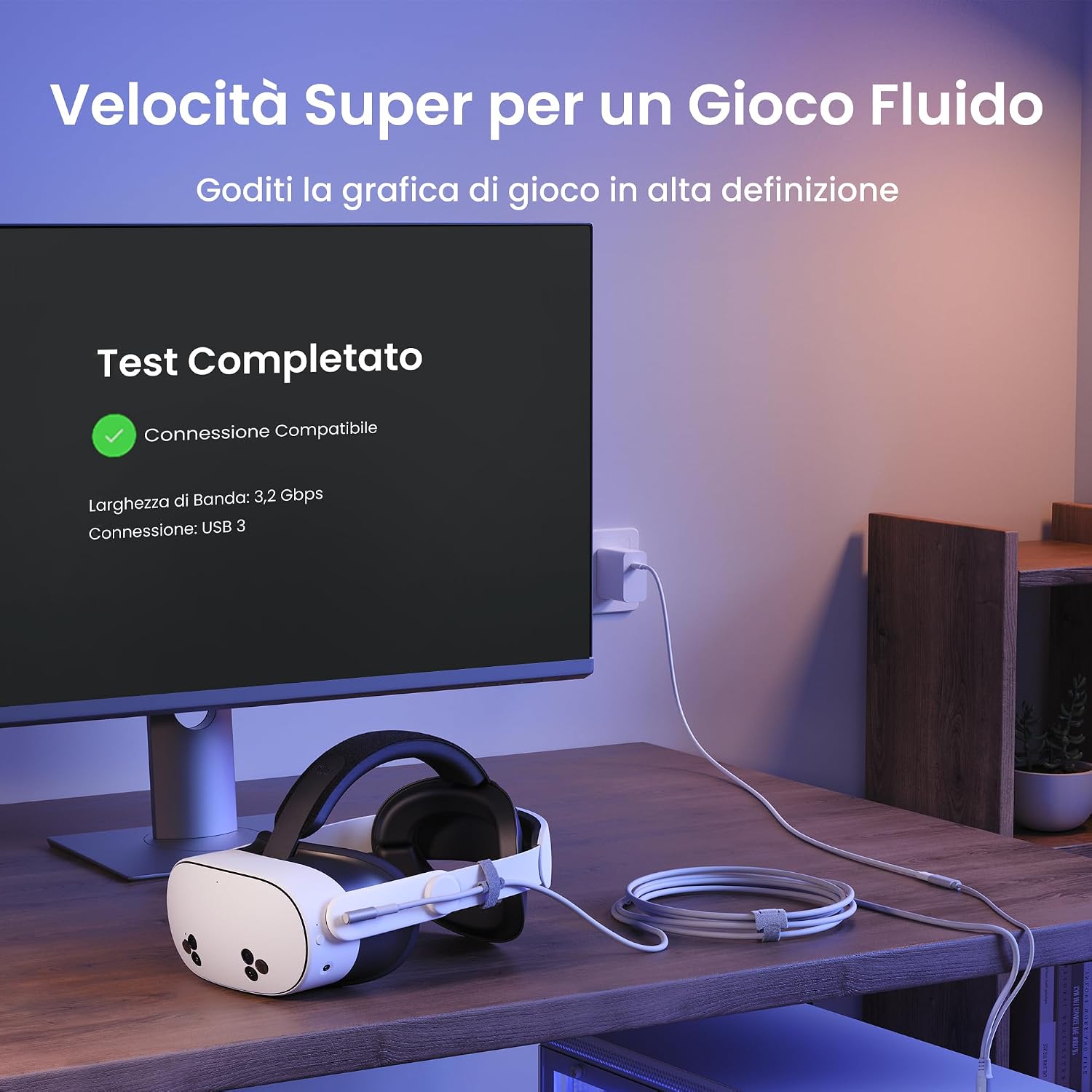 Detalle 2 de KIWI design Cavo Link con ricarica 5 m, USB 3.0 a USB-C fino a 5 Gbps per Meta Quest 3/3s/2 e Pico 4