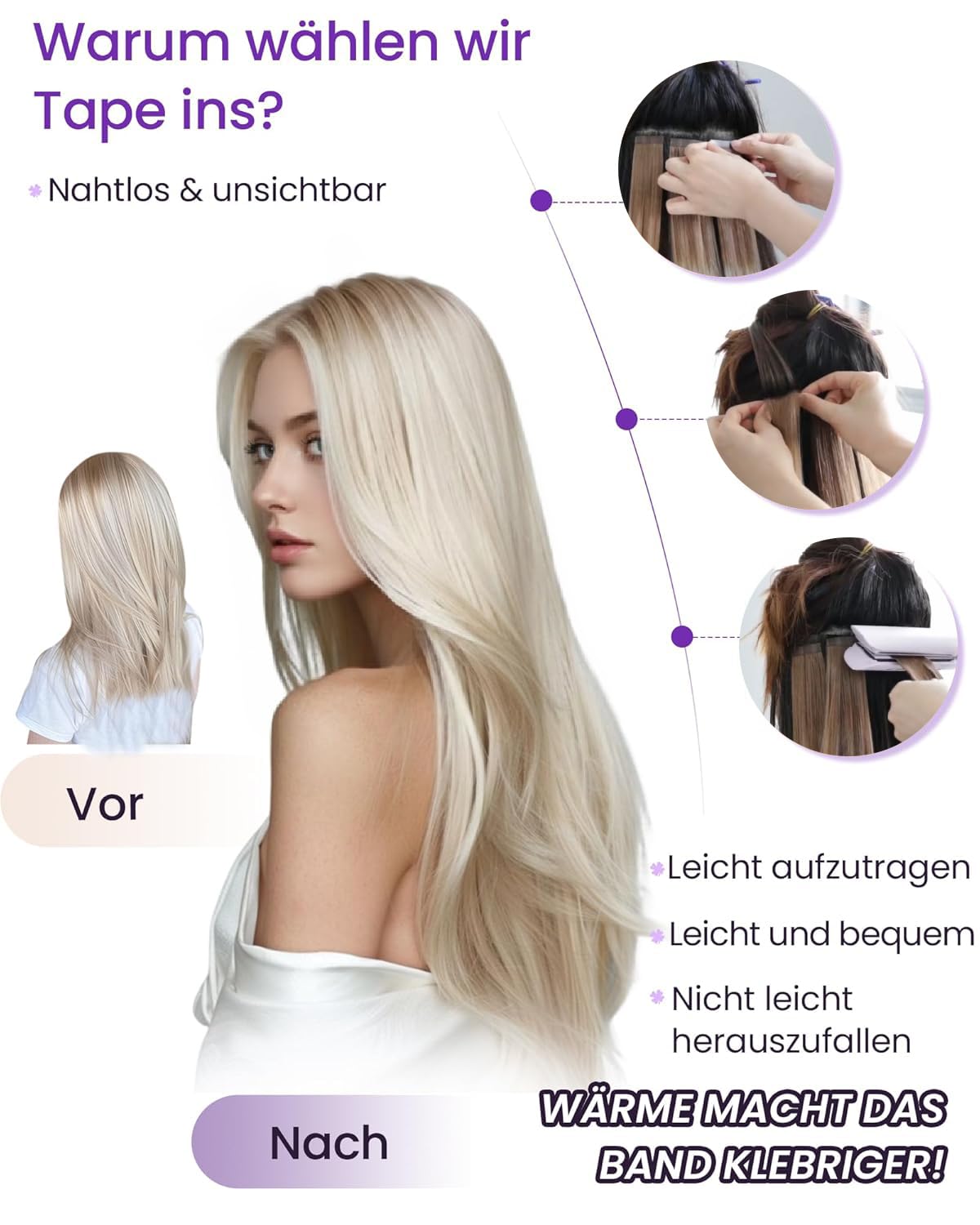 Detalle de LaaVoo Tape-in Echthaar Extensions 55 cm, 100 g Ombre #2/8/2 (40 Strähnen)