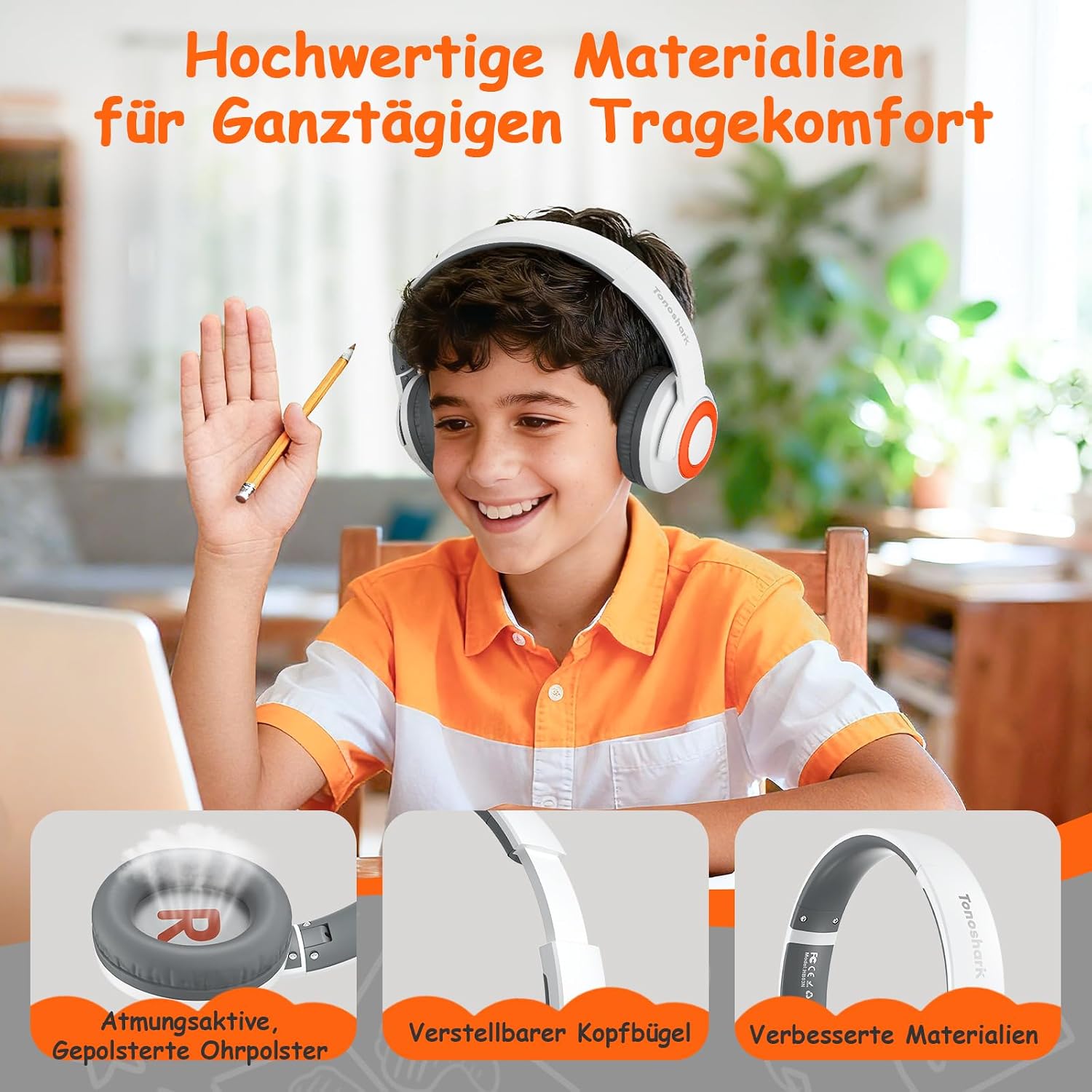 Detalle de TONOSHARK Kinder Bluetooth Kopfhörer mit Noise Cancelling – 60 h Spielzeit, leicht über dem Ohr, inkl. Silikon-Tasche (Weiß)