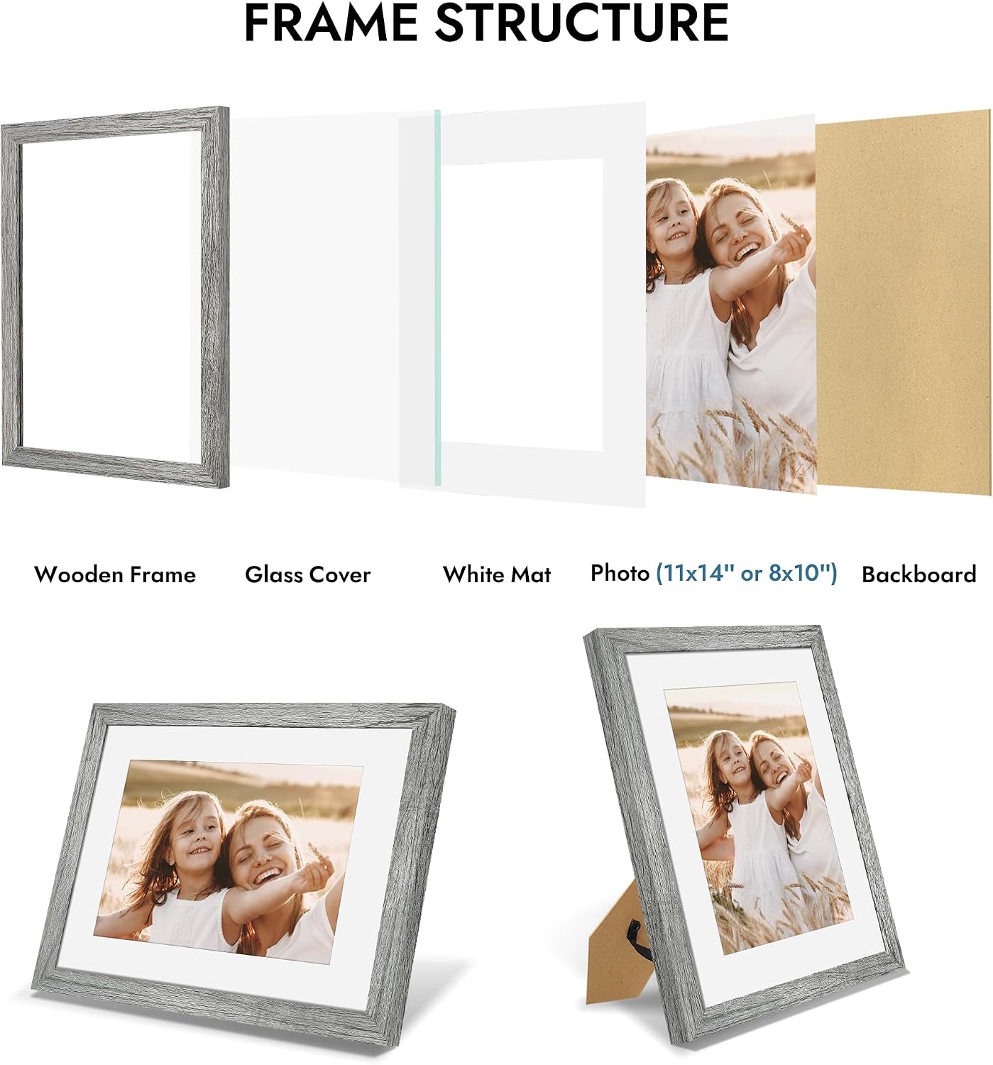 Detalle de Hongkee 11x14 Picture Frame with Real Glass – 8x10 Wood Frame with Mat (Grey, 1 Pack)